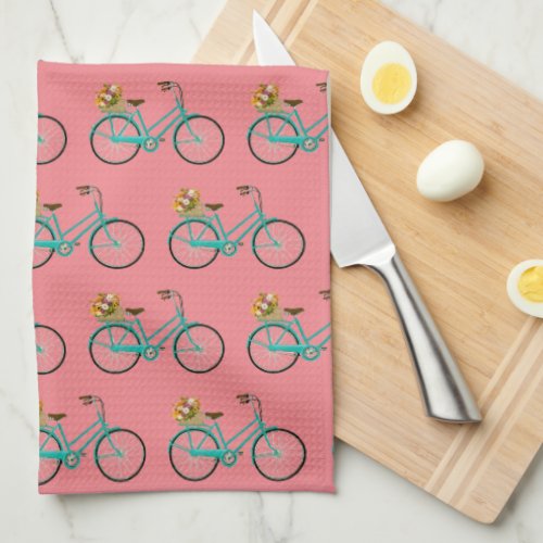 Vintage Bicycle with Flower Basket Art Kitchen Kitchen Towel