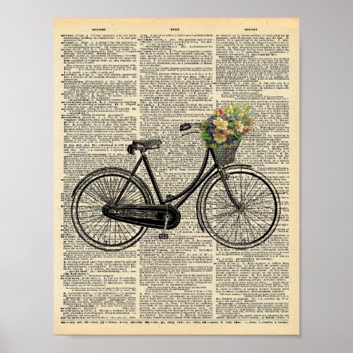 Vintage bicycle with flowers on vintage dictionary poster