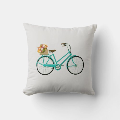 Vintage Bicycle with Flowers Turquoise Pillow