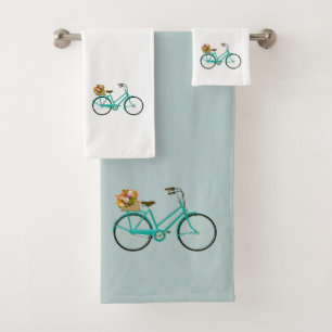 Vintage Bicycle with Flowers Turquoise Towel Set