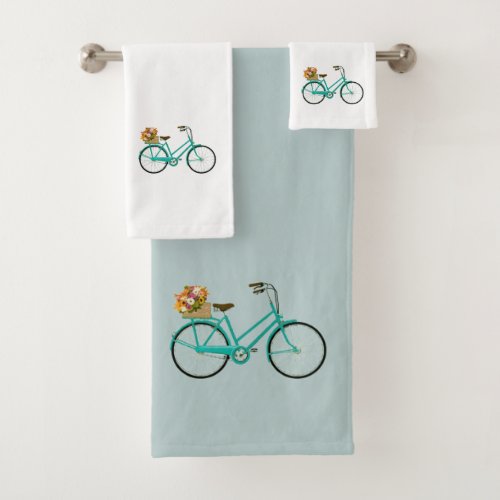 Vintage Bicycle with Flowers Turquoise Towel Set