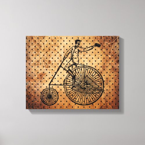 Vintage Bicyclist Brown Dot Background Canvas Print