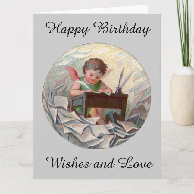Vintage Big Birthday Angel Child Writing at Desk Card | Zazzle
