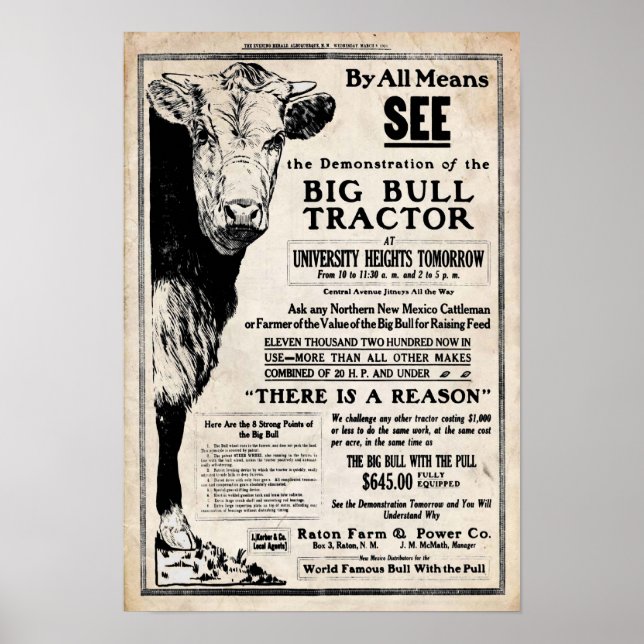 Vintage Big Bull Tractor Print (Front)