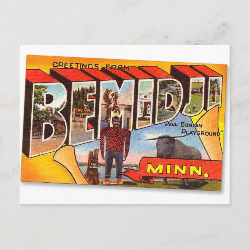 Vintage Big Letter Card Bemidji MN Paul Bunyan