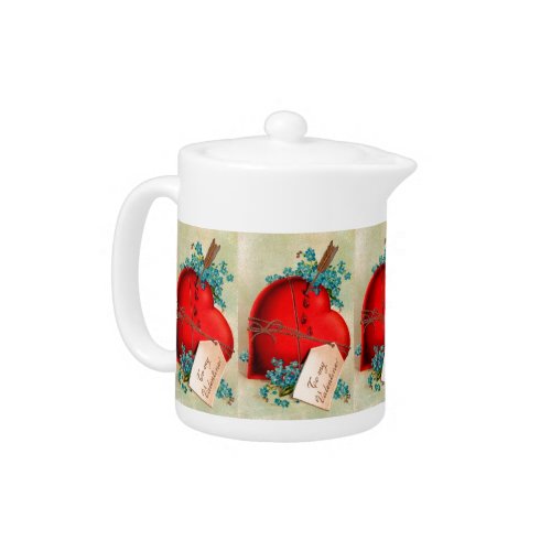 Vintage Big Red Bleeding Heart Valentine Postcard Teapot