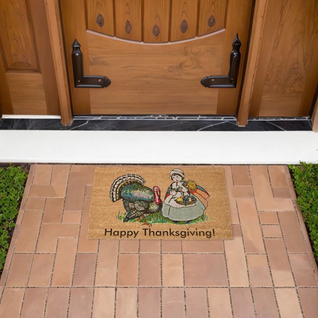 Vintage Big Turkey & Girl Happy Thanksgiving Coir Fiber Doormat (Insitu (Outdoor))