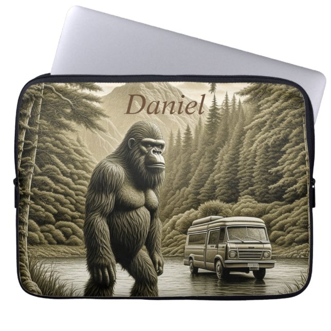 Vintage Bigfoot and RV Camper Personalized  Laptop Sleeve (Front)