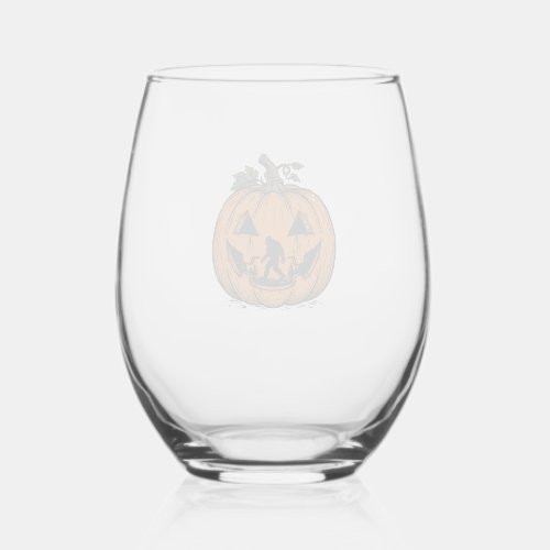 Vintage Bigfoot Pumpkin Halloween Vector Design_1 Stemless Wine Glass