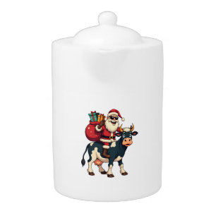 Vintage Bigfoot Santa Riding Cow Christmas Funny F Teapot