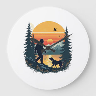 Vintage Bigfoot Walking Dog Mountain Sunset Retro  Large Clock