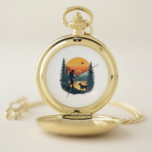 Vintage Bigfoot Walking Dog Mountain Sunset Retro Pocket Watch