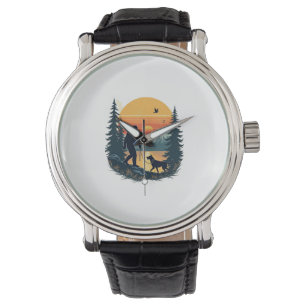 Vintage Bigfoot Walking Dog Mountain Sunset Retro Watch