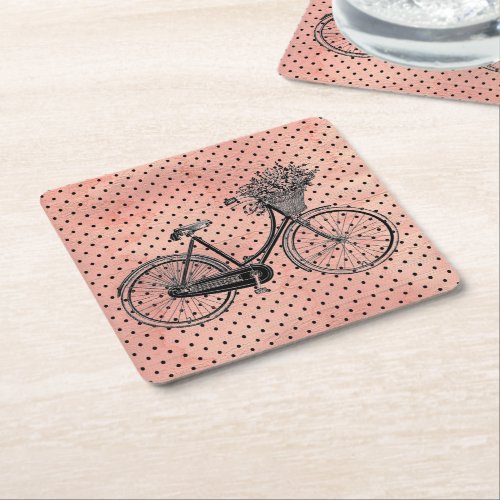 Vintage Bike Pink Polka Dots Square Paper Coaster