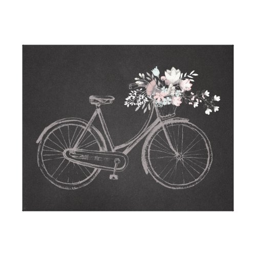 Vintage Bike with Beautiful Pink & White Flowers Canvas Print - This canvas with a beautiful vintage watercolor bike and a basket of bright pink and white flowers on a black chalkboard background is perfect for women of all ages.
