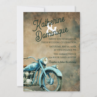 Vintage Biker Wedding Motorcycle Blue Invitation
