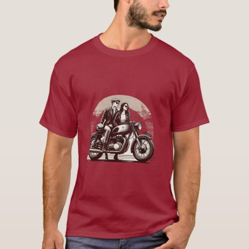 Vintage Bikers Couple with vintage bike army style T_Shirt