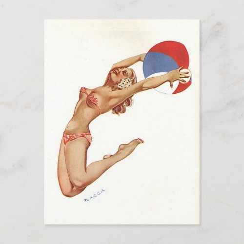 Vintage bikini beach ball pin up girl postcard