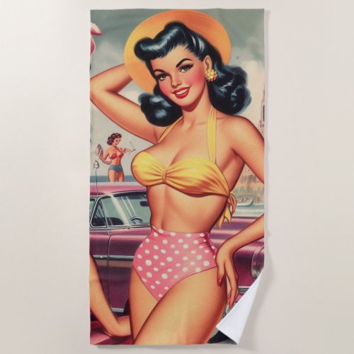 Vintage Bikini Pin Ups Illustration Beach Towel