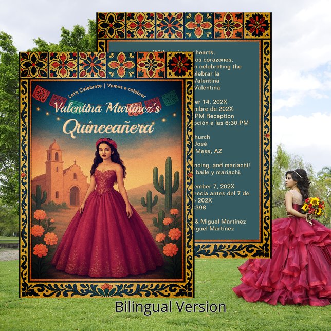 Vintage Bilingual Quinceañera 15th Red Dress Invitation (Vintage Bilingual Quinceañera 15th Red Dress Invitation)