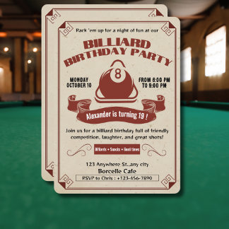 Vintage Billiard Birthday Party Invite Pool Theme