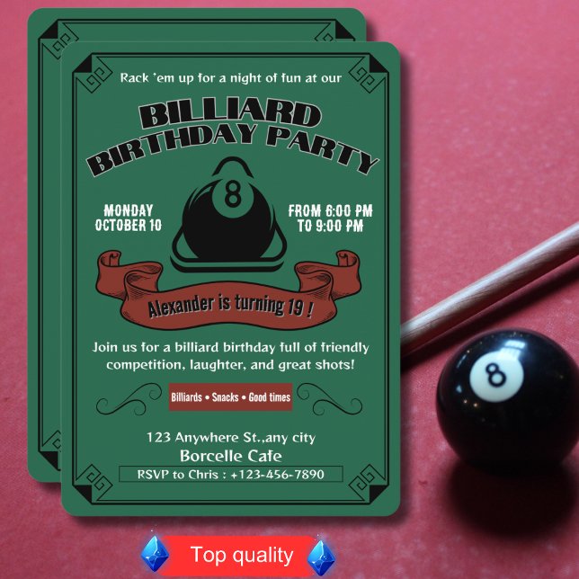 Vintage Billiard Birthday Party Pool Theme Green Invitation (Creator Uploaded)