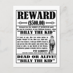 Vintage Billy the Kid Wanted Poster Postcard