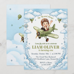 Vintage Biplane Airplane Boy 1st Birthday Up Away Invitation