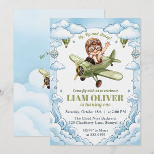 Vintage Biplane Airplane Boy 1st Birthday Up Away Invitation