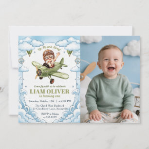 Vintage Biplane Airplane Boy 1st Birthday Up Away Invitation