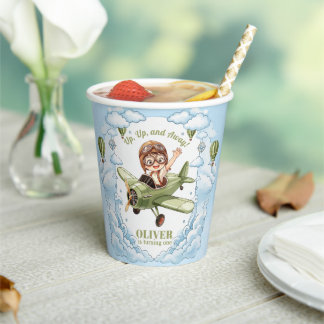 Vintage Biplane Airplane Boy 1st Birthday Up Away Paper Cups