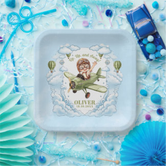 Vintage Biplane Airplane Boy 1st Birthday Up Away Paper Plates