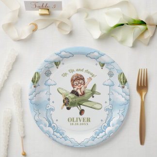 Vintage Biplane Airplane Boy 1st Birthday Up Away Paper Plates