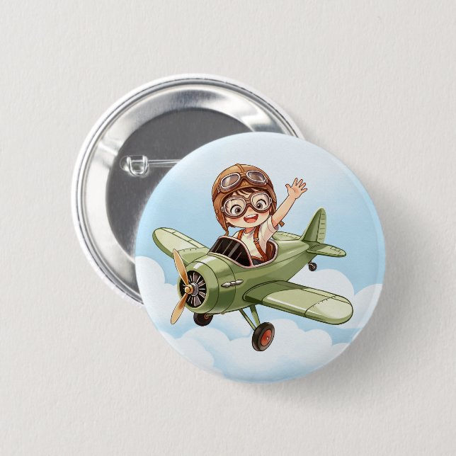 Vintage Biplane Airplane Boy Blue Cloud Sky Button (Front & Back)