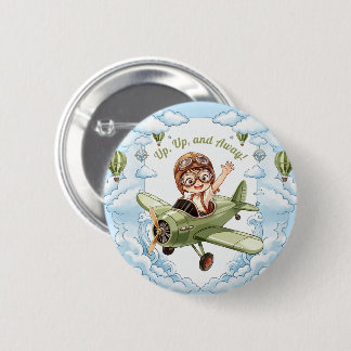 Vintage Biplane Airplane Boy Cloud Sky Up Away Button