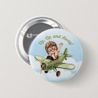 Vintage Biplane Airplane Boy Cloud Sky Up Away Button