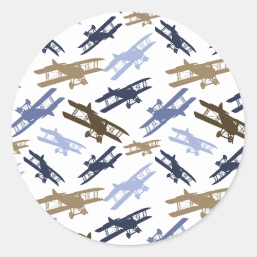 Vintage Biplane Airplane Pattern Blue Brown Classic Round Sticker