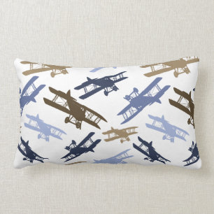 Vintage Biplane Airplane Pattern Blue Brown Lumbar Pillow