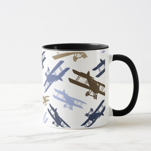 Vintage Biplane Airplane Pattern Blue Brown Mug
