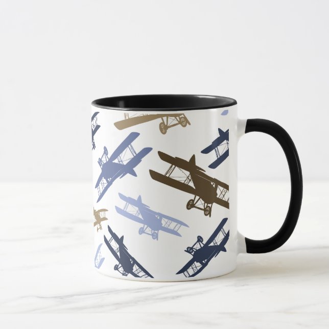 Vintage Biplane Airplane Pattern Blue Brown Mug (Right)