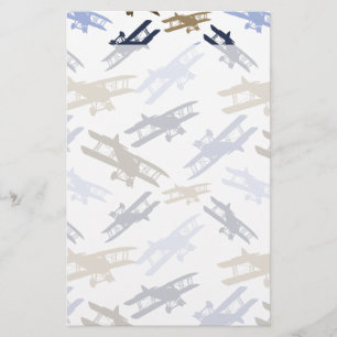 Vintage Biplane Airplane Pattern Blue Brown Stationery