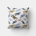 Vintage Biplane Airplane Pattern Blue Brown Throw Pillow at Zazzle