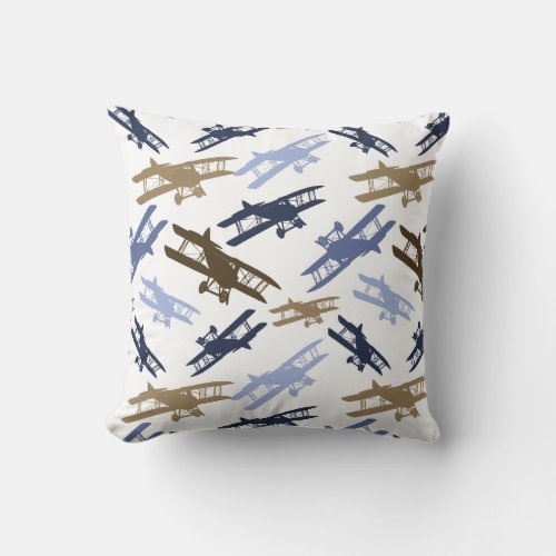 Vintage Biplane Airplane Pattern Blue Brown Throw Pillow