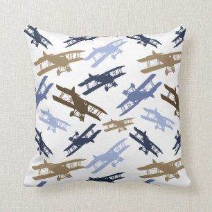 Vintage Biplane Airplane Pattern Blue Brown Throw Pillow