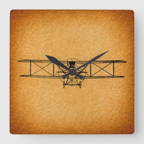 Vintage Biplane Antique Airplane Aviation Art Square Wall Clock