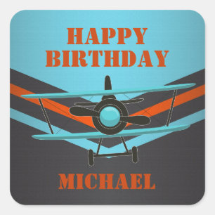  Vintage Biplane Aviation Airplane Birthday Party Square Sticker
