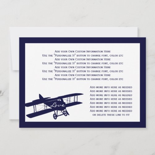 Vintage Biplane Aviator Blue Wedding Info Card