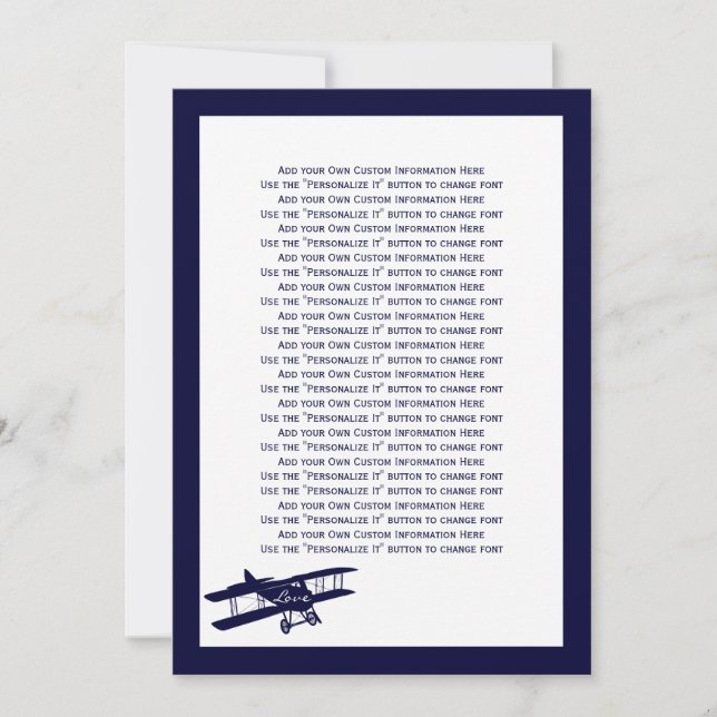 Vintage Biplane Aviator Blue Wedding Info Card (Front)