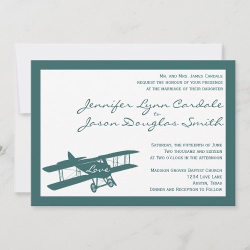 Vintage Biplane Aviator Blue Wedding Invitations