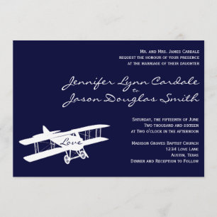 Vintage Biplane Aviator Blue Wedding Invitations